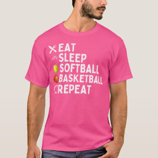 Eet Slaap Softbal Basketbal Herhaal Grappig Softba T-shirt