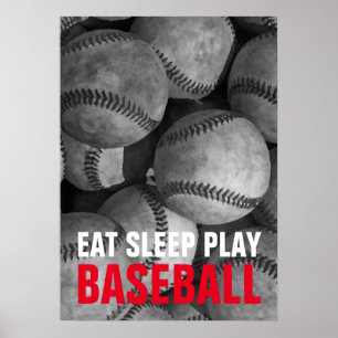 Eet Slaap Spelen Honkbal Zwart & Wit Poster