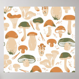 Eetbare paddenstoelen Linocut Patroon Poster