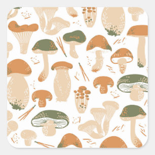 Eetbare paddenstoelen Linocut Patroon Vierkante Sticker