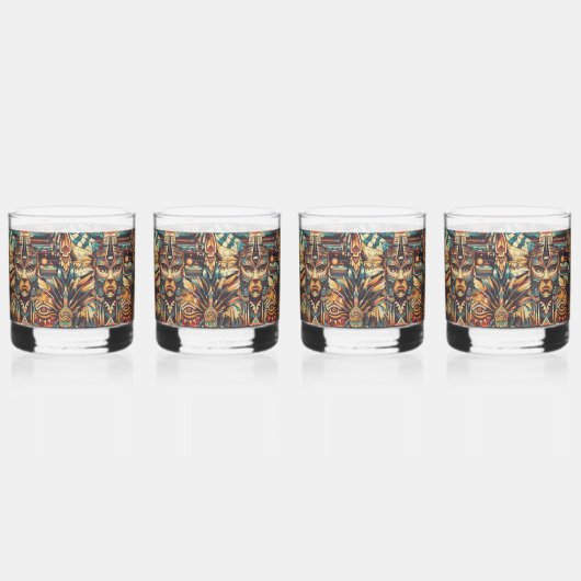 Eetherisch Blauw "Meso-Amerikaans Motief" 12oz Roc Whisky Glas (Voorkant)