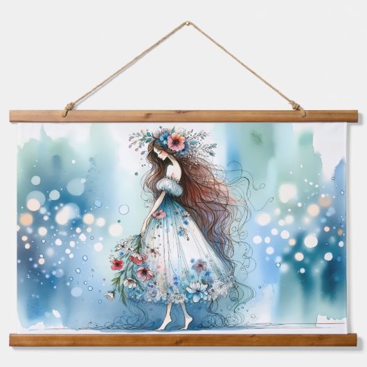 Eetherische bloemenfee in Waterverf Dreamscape Hangend Wandkleed (Voorkant)