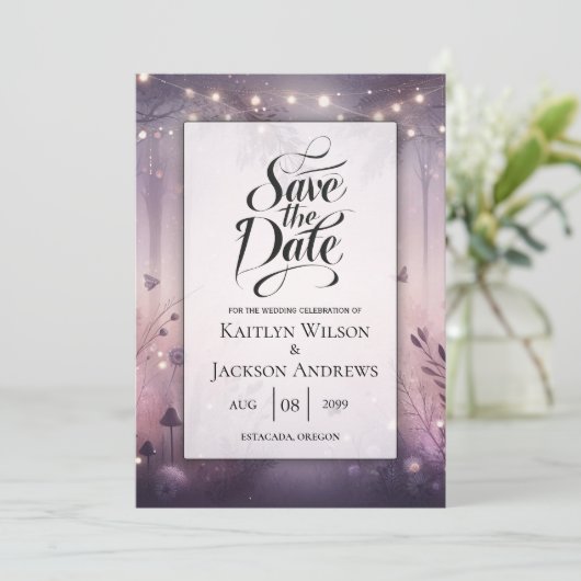 Eetherische Fairy Lights Forest Wedding Save The Date (Staand voorkant)