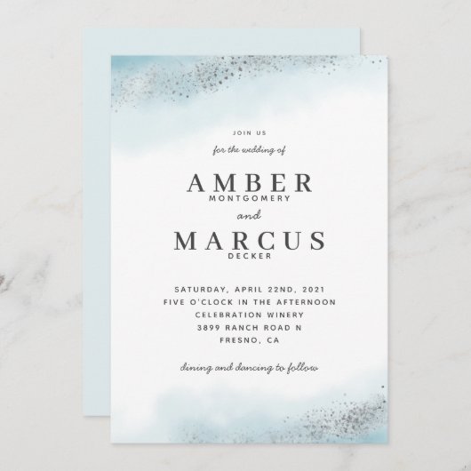 Eetherische zilveren glitter blauwe bruiloft kaart (Voorkant / Achterkant)