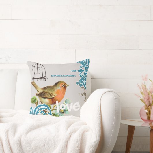 Eeuwig Bruid Teal Koraal Grijs Cute Vogel Vogelkoo Kussen (Bank)