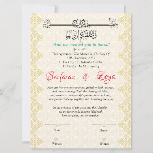 Eeuwige Liefde Nikah Certificaat (Voorkant)