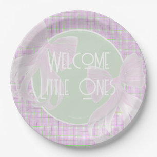 Effen roze tweeling Coquette Bows mint geruit Papieren Bordje