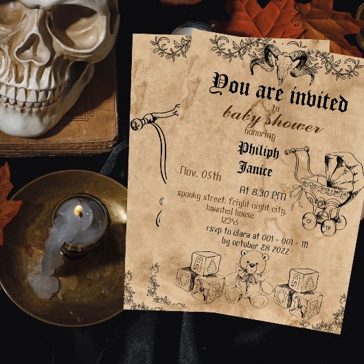 éffrayant vintage, invitation baby shower hallowee