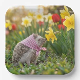 Egel die een gele narcis besnuffelt papieren bordje