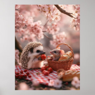 Egel en muis delen aardbeien - Picnic Poster