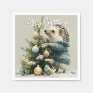 Egel in een trui versiert een kerstboom servet