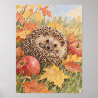 Egel met herfstbladeren en appels Boslandschap Ar Poster