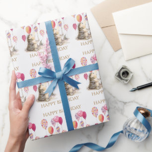 Egel met roze ballonnen Happy Birthday Cadeaupapier