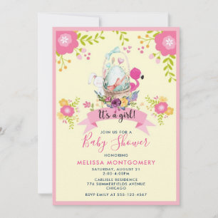 Egg, Flamingo, Bunny en Flowers Baby shower Kaart