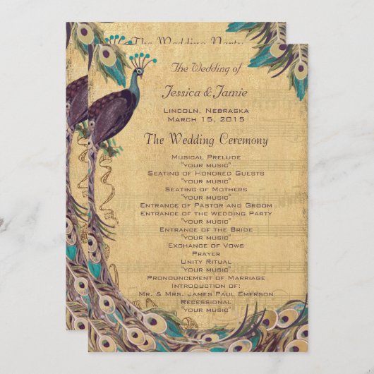 Eggplant Aqua Vintage Peacock Wedding Programme (Devant / Derrière)