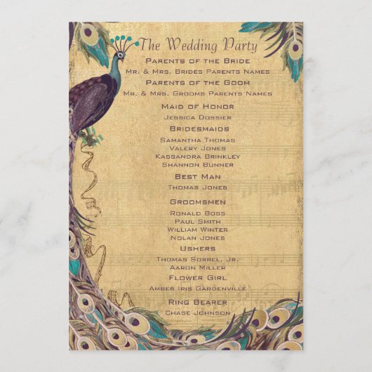 Eggplant Aqua Vintage Peacock Wedding Programme (Dos)