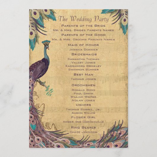 Eggplant Aqua Vintage Peacock Wedding Programme (Dos)