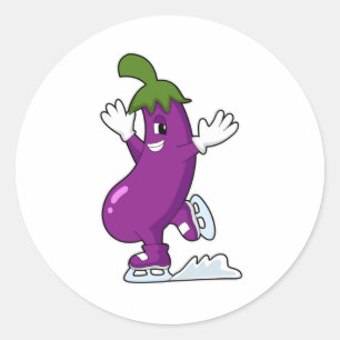 Eggplant bij ijsschaatsen met ijsschaatsen ronde sticker