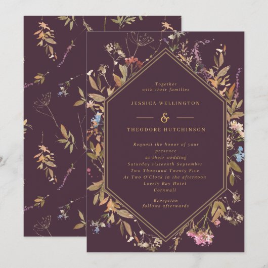 Eggplant Boho Wildbloemen Gold Geo Lijst Weddensch Kaart (Voorkant / Achterkant)