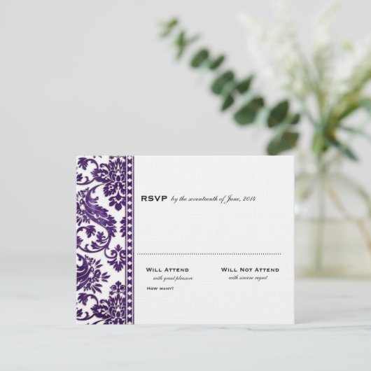 Eggplant Damask Lace Wedding RSVP (Staand voorkant)