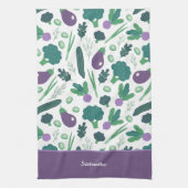 Eggplant en Broccoli Pattern met naam Paars Theedoek (Verticaal)