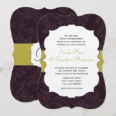 Eggplant en Golden Chartreuse Damask Wedding Kaart (Voorkant / Achterkant)