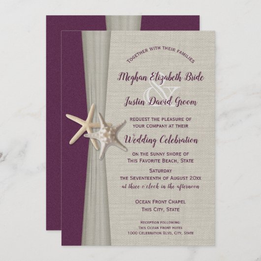 Eggplant Gris Starfish Plage Mariage Invitation (Devant / Derrière)