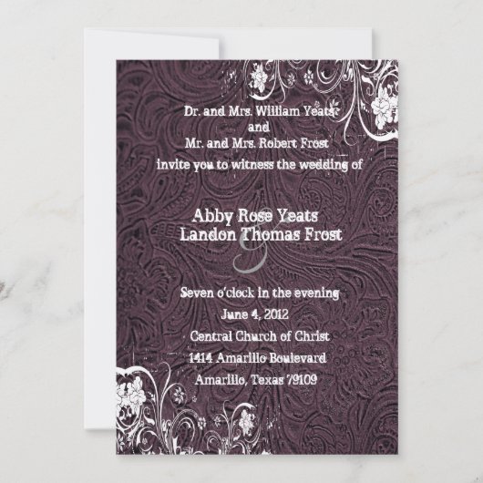 Eggplant Leather and White Lace Wedding Invitation Kaart (Voorkant)