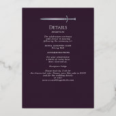 Eggplant Medieval Silver Sword Wedding Details Folie Uitnodiging (Achterkant)