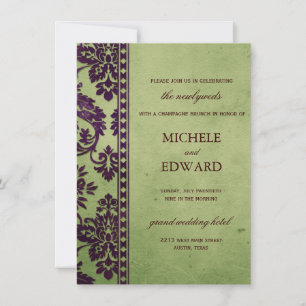 Eggplant & Olive Damask Lace Wedding Brunch Kaart