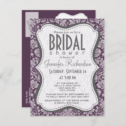 Eggplant Paars Damask Uitnodiging Briefkaart (Voorkant / Achterkant)