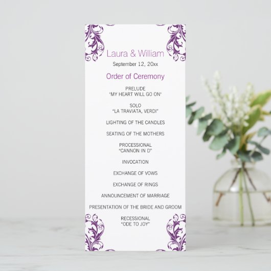 Eggplant Paars Damask Wedding Programme Programma (Staand voorkant)
