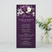 Eggplant Paars Plum Ivory White Floral Weddenschap Menu (Staand voorkant)