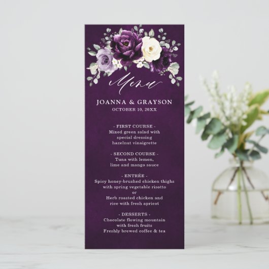 Eggplant Paars Plum Ivory White Floral Weddenschap Menu (Staand voorkant)
