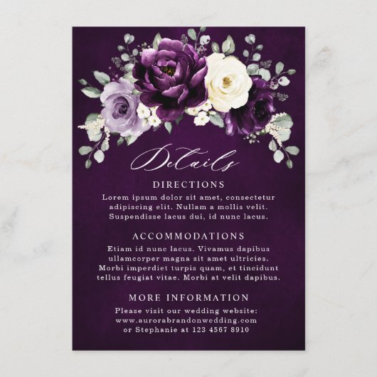 Eggplant Paars Plum Ivory White Floral Wedding En Informatiekaartje (Voorkant)