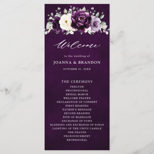 Eggplant Paars Plum Ivory White Floral Wedding Pr Programma (Voorkant)