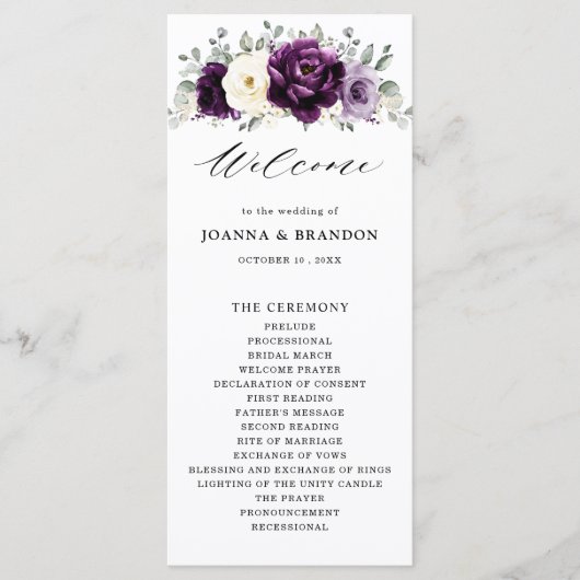 Eggplant Paars Plum Ivory White Floral Wedding Programma (Voorkant)