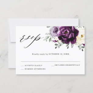 Eggplant Paars Plum Ivory White Floral Wedding RSVP Kaartje