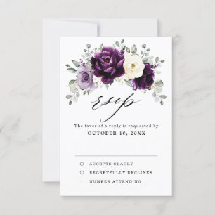 Eggplant Paars Plum Ivory White Floral Wedding RSVP Kaartje