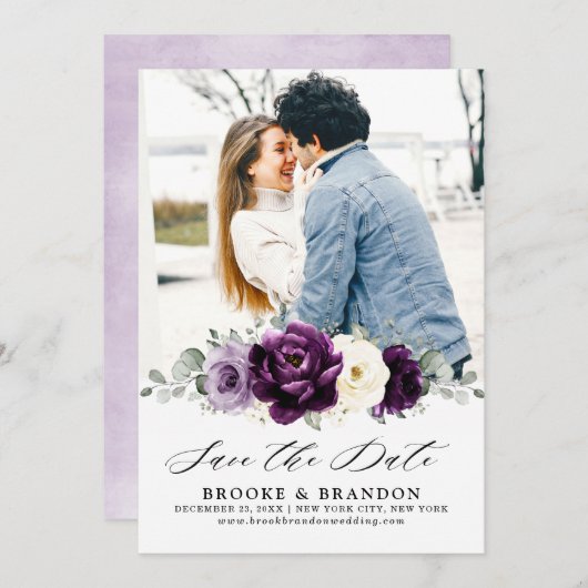 Eggplant Paars Plum Ivory White Floral Wedding Save The Date (Voorkant / Achterkant)