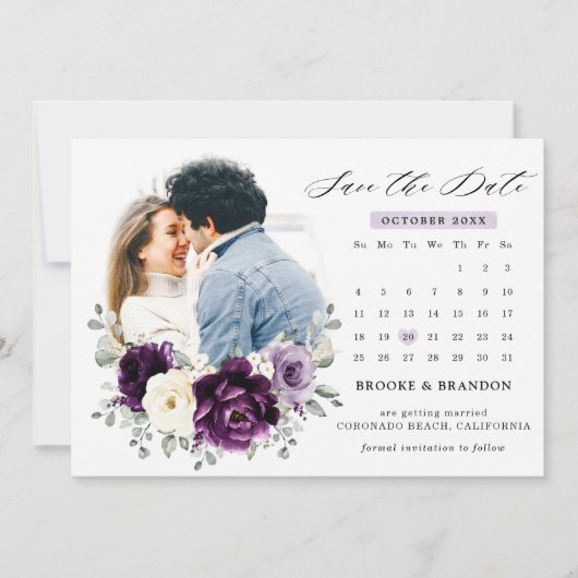 Eggplant Paars Plum Ivory White Floral Wedding Save The Date (Voorkant)