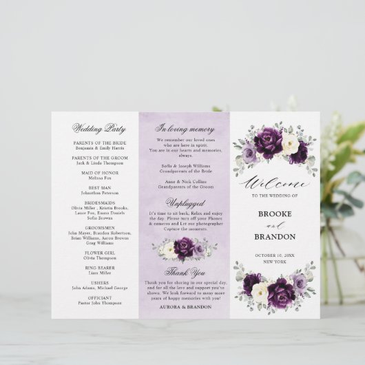 Eggplant Paars Plum Ivory White Tri-Fold Programme (Staand voorkant)