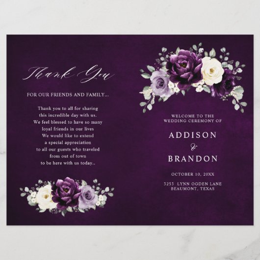 Eggplant Paars Plum Ivory White Wedding Programme (Voorkant)