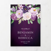 Eggplant Paarse Floral QR Code Dark Moody Wedding Drieluik Uitnodiging (Cover)