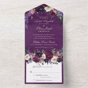 Eggplant Paarse Floral Wedding All In One Uitnodiging