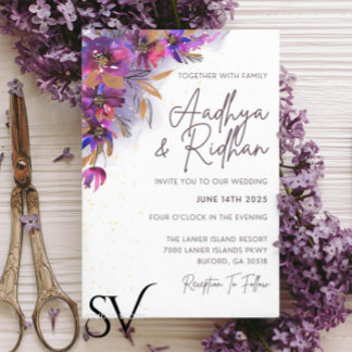 Eggplant Paarse Floral Wedding Kaart