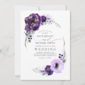 Eggplant Paarse Peony en Greenery Silver Wedding Kaart (Voorkant)