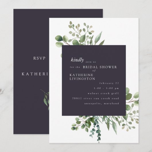 Eggplant & White Foliage Bridal Shower Invitation Kaart (Voorkant / Achterkant)