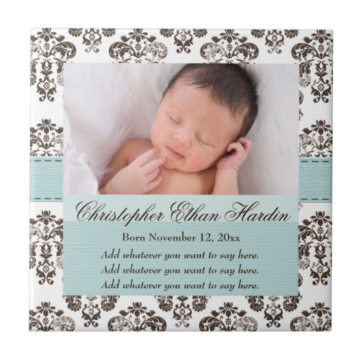 Eggshell Blue Baby Photo Damask Ceramic Tile Trive Tegeltje (Voorkant)