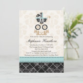 Eggshell Blue Damask Baby Carriage Baby shower Kaart (Staand voorkant)